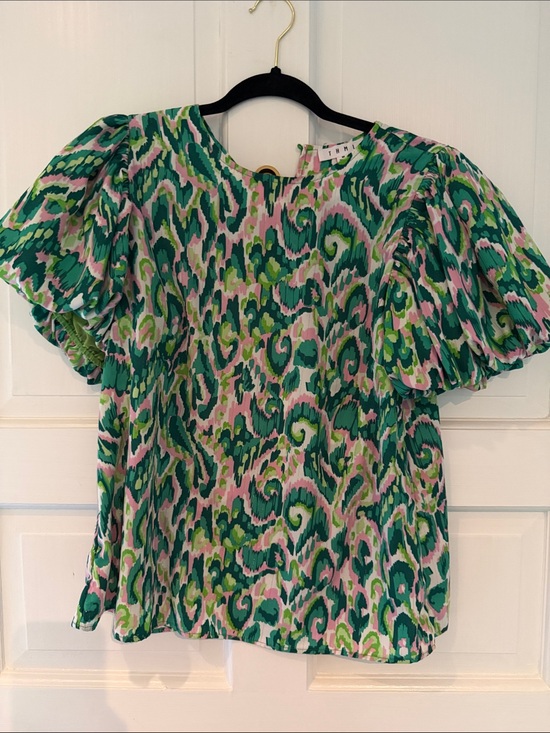 THML Tops - THML Green & Pink Swirl Print Puff Sleeve Blouse